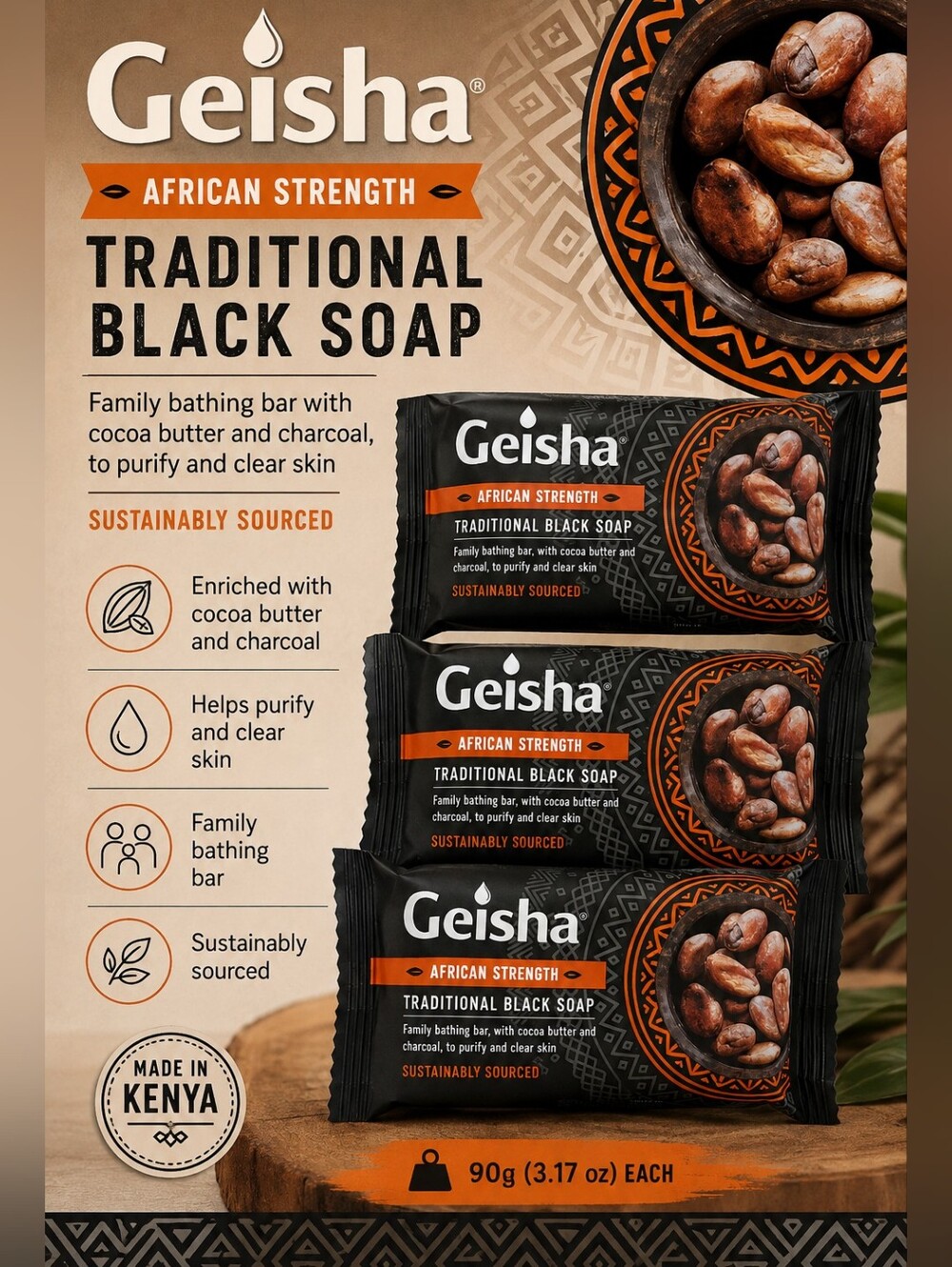 Geisha African Black Soap with Cocoa Butter & Charcoal Made in Kenya 3 bars